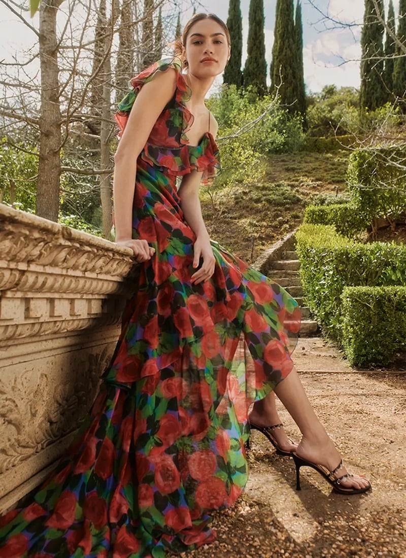 Carolina Herrera Rose Print Ruffle One Shoulder Silk Gown