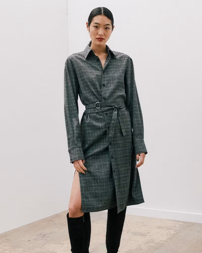 Proenza Schouler Suiting Plaid Long Sleeve Wrap Shirtdress